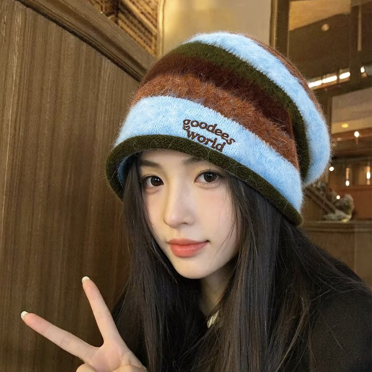 拼色条纹毛线帽子女秋冬显脸小保暖护耳针织帽韩版冷帽百搭堆堆帽