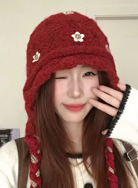 复古红色花朵流苏绑带帽子女冬季加厚保暖护耳针织帽显脸小毛线帽