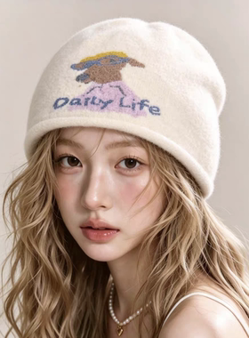 可爱卡通小狗卷边针织毛线帽女秋冬季保暖护耳毛头帽子大头围冷帽