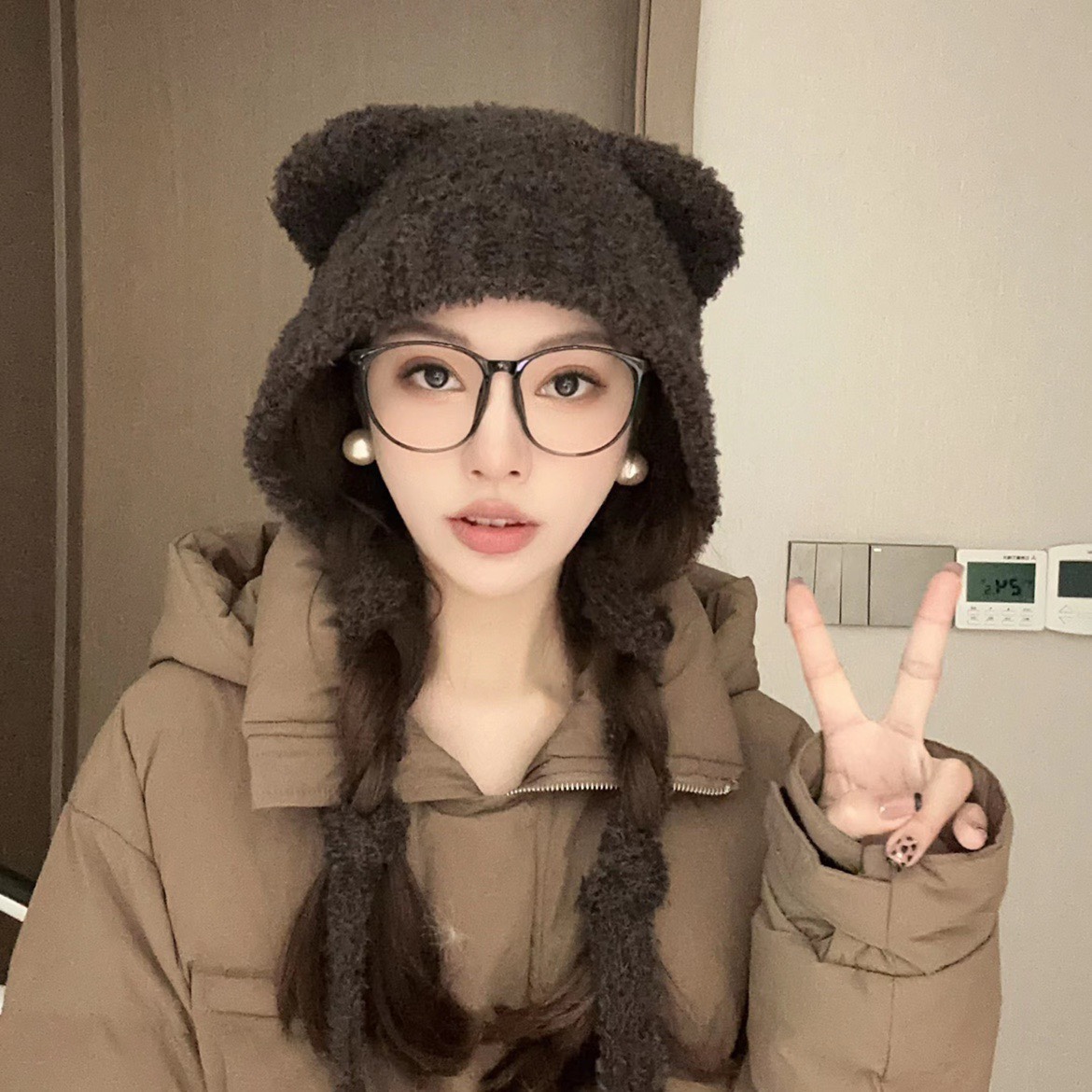 咖色耳朵可爱卡通小熊针织毛线帽