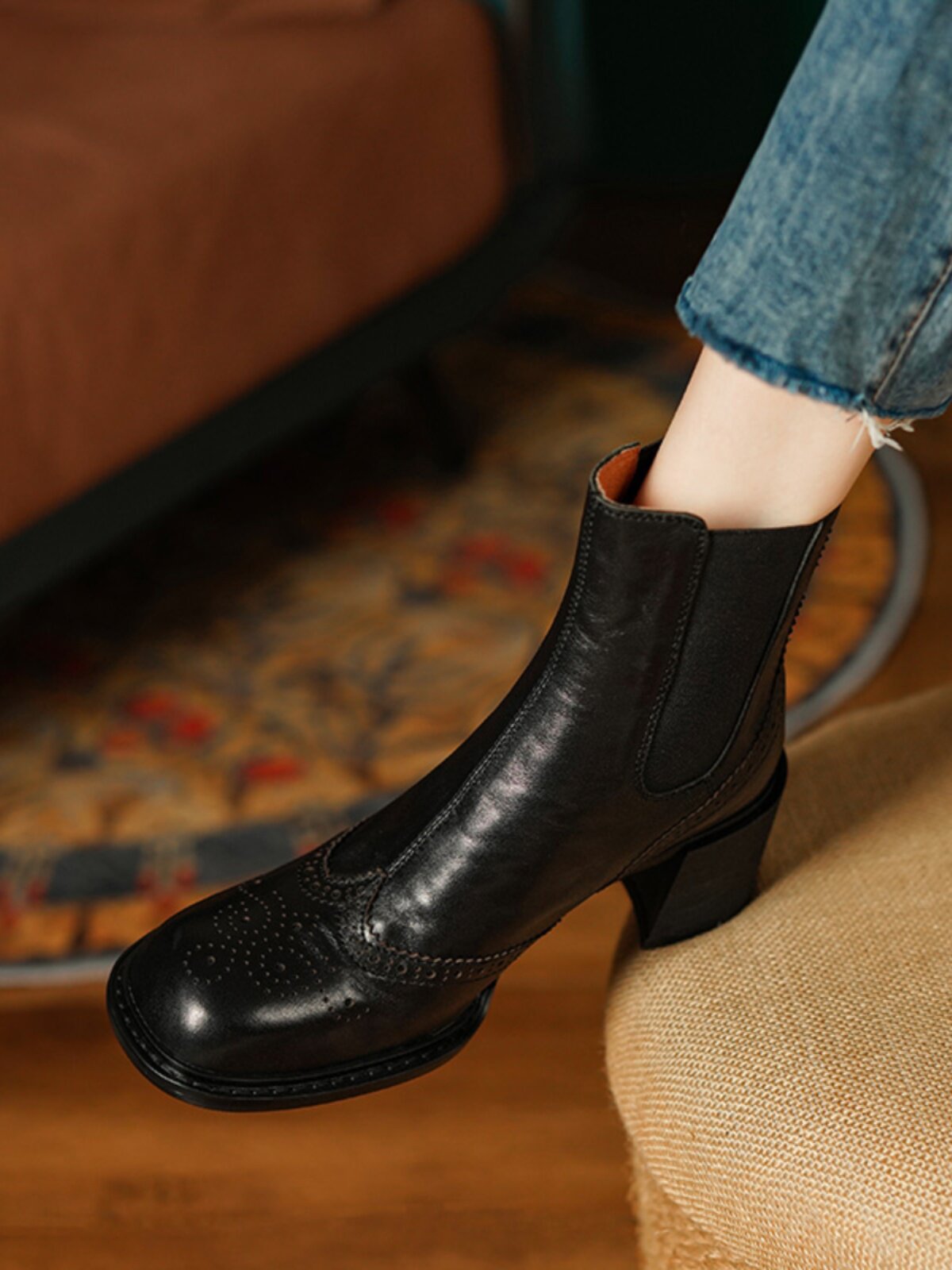 VINTAGE BROWN BRITISH-INSPIRED BROGUE-CARVED BOOTS WOMENS HIGH HEELS BLOCK HEELS TOP COWHIDE CHELSEA BOOTS CHIMNEY BOOTS
