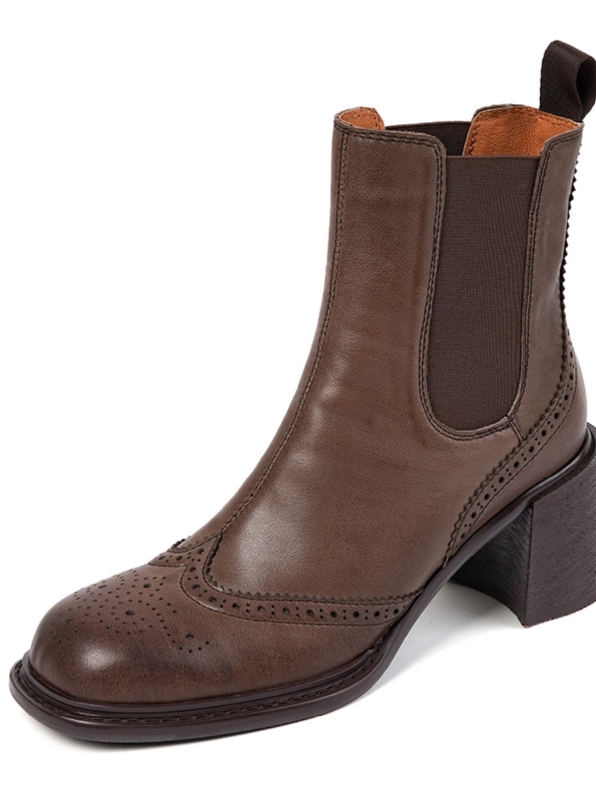 VINTAGE BROWN BRITISH-INSPIRED BROGUE-CARVED BOOTS WOMENS HIGH HEELS BLOCK HEELS TOP COWHIDE CHELSEA BOOTS CHIMNEY BOOTS