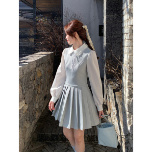 Even一雯 韩系高智假两件显瘦连衣裙精致千金百褶短裙 温柔女友