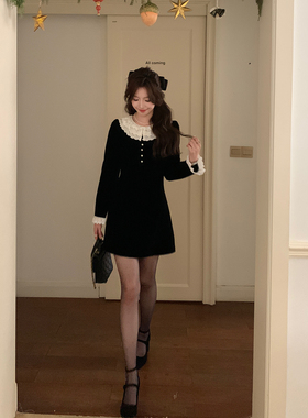 Even一雯【私有浪漫】韩系高智富家千金感精致复古长短丝绒连衣裙