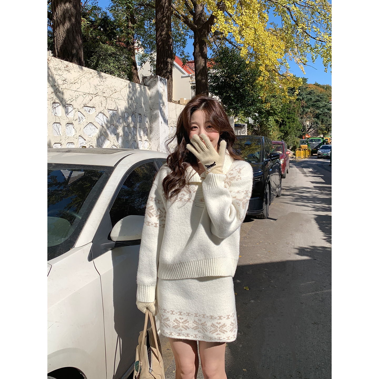 Even一雯【费尔岛梦境】韩系高智含羊毛慵懒感毛织上衣+半裙套装