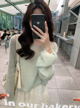 Even一雯【薄荷香气】韩系高智温柔气质薄款微透宽松纯色针织罩衫