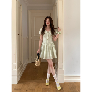 气质短袖 韩系高智法式 连衣裙甜美格纹短裙春 青璃绿波 Even一雯