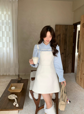 Even一雯【白蝶沁蓝】韩系高智盐系甜美秋冬收腰假两件长短连衣裙