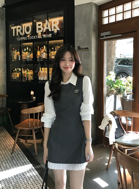 Even一雯【格雷千金】韩系高智感千金感修身假两件拼接长袖连衣裙