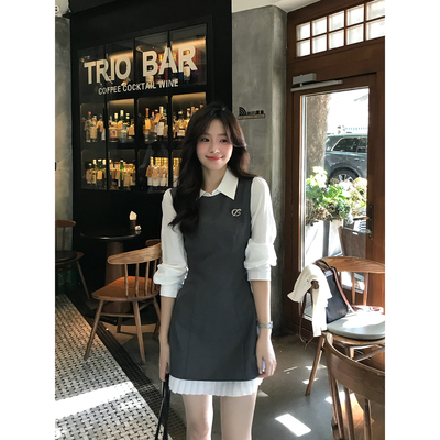 Even一雯【格雷千金】韩系高智感千金感修身假两件拼接长袖连衣裙