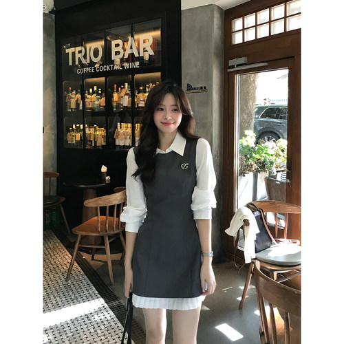 Even一雯【格雷千金】韩系高智感千金感修身假两件拼接长袖连衣裙