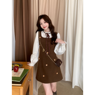 Even一雯 韩系高智富家千金风立体花朵钉珠气质连衣裙 焦糖雪芙