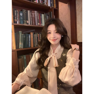 韩系高智感秋冬百搭可叠搭浅粉色系带衬衫 Even一雯 甜涩爱恋