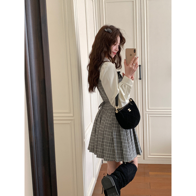 Even一雯【白日梦画家】韩系高智感蝴蝶结吊带复古格纹收腰百褶裙