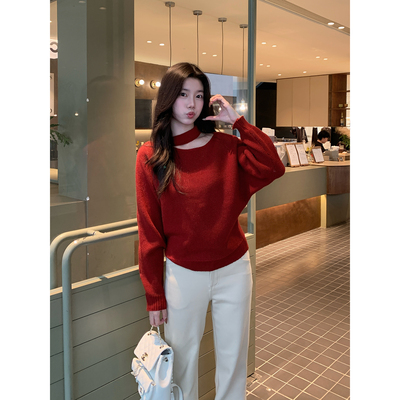 Even一雯【信纸吻痕】韩系高智秋冬法式精致圣诞氛围斜肩针织毛衣