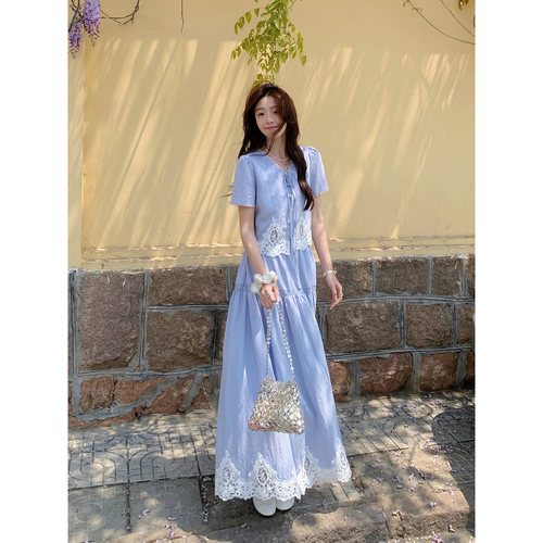 Even一雯【风间桔梗】韩系高智感气质都灵同款蕾丝拼接两件套套装