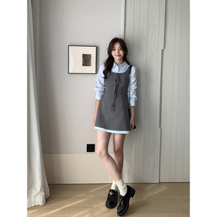 Even一雯【韩女教科书】韩系高智感假两件灰蓝撞色精致收腰连衣裙