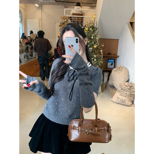 Even一雯【海夜星沙】韩系高智秋冬千金感精致针织系带毛衣带袖套