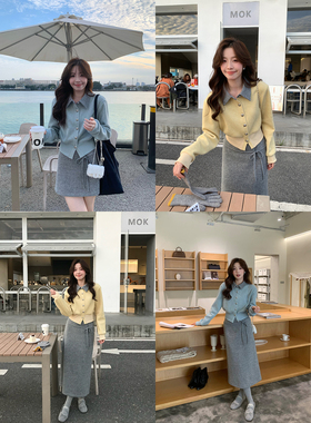 Even一雯【江南美人】韩系高智感撞色假两件针织上衣长短半裙套装