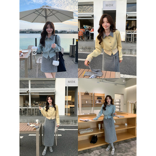 Even一雯【江南美人】韩系高智感撞色假两件针织上衣长短半裙套装