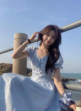 Even一雯【见习爱恋】韩系高智感气质收腰V领蝴蝶结蓝色连衣裙