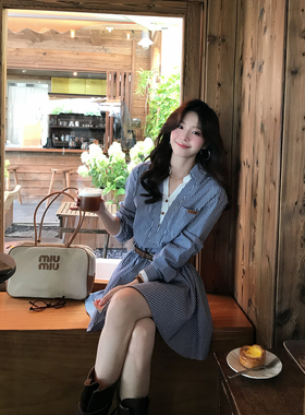 Even一雯【时髦尖子生】韩系高智感撞色拼接长袖格纹衬衫裙带腰带