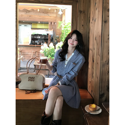 Even一雯【时髦尖子生】韩系高智感撞色拼接长袖格纹衬衫裙带腰带