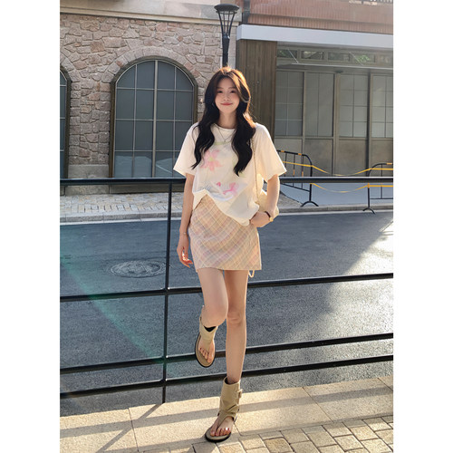 清仓Even一雯【浅春芭乐】韩系高智感粉色格纹高腰A字ins感半裙