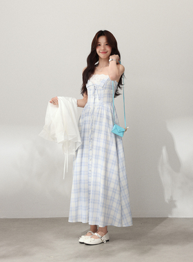 清仓Even一雯【海风气泡】韩系高智感夏季甜美蕾丝格纹拼接连衣裙