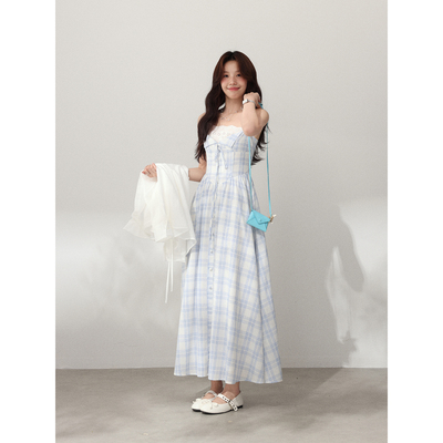 清仓Even一雯【海风气泡】韩系高智感夏季甜美蕾丝格纹拼接连衣裙