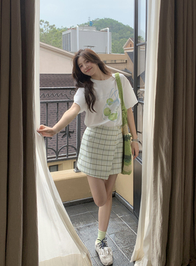 Even一雯【薄荷汽水】韩系高智感薄荷绿色半身裙女夏季格纹a字裙