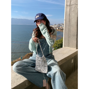 百搭休闲背带裤 韩系高智蓝色学院减龄牛仔裤 牛仔专线 Even一雯