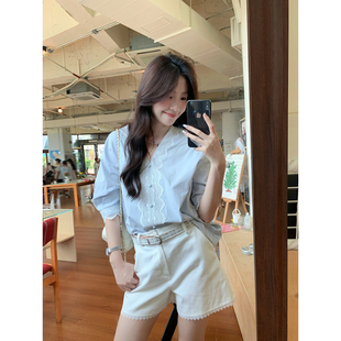Even一雯【晴空烂漫】韩系高智感拼接纯棉衬衫上衣