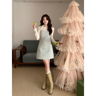 Even一雯 韩系高智感秋冬精致盐系温柔叠穿吊带连衣裙 薄荷海浪