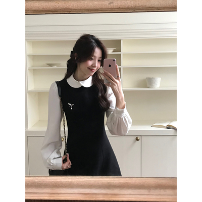 Even一雯【乖乖千金】韩系高智感精致简约假两件收腰连衣裙带胸针