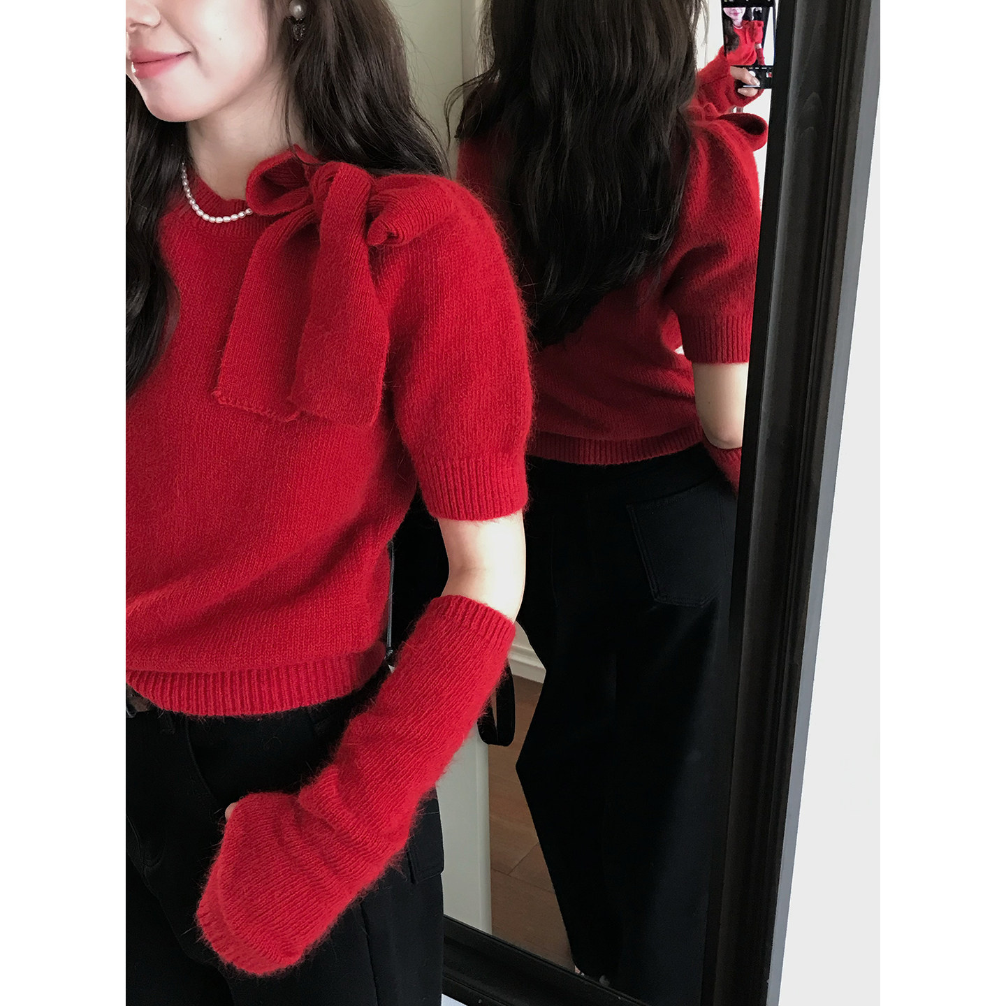 Even一雯【雪降圣诞】韩系高智秋冬圆领配袖套泡泡袖针织短袖毛衣