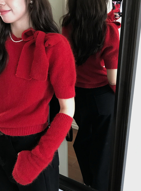 Even一雯【雪降圣诞】韩系高智秋冬圆领配袖套泡泡袖针织短袖毛衣