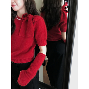 针织短袖 Even一雯 套泡泡袖 韩系高智秋冬圆领配袖 毛衣 雪降圣诞