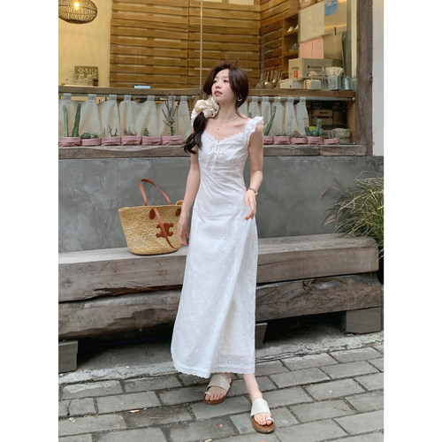 小飞袖连衣裙夏收腰显瘦白色长裙