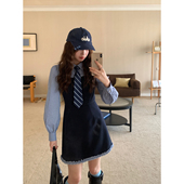 Even一雯 伦敦旅人 韩系高智感秋冬格纹撞色学院感假两件连衣裙