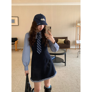 Even一雯 韩系高智感秋冬格纹撞色学院感假两件连衣裙 伦敦旅人