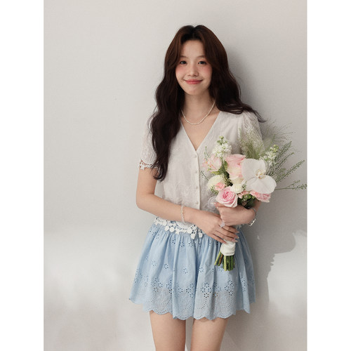 清仓Even一雯【西西里漫花】韩系高智感夏季蕾丝花边刺绣短袖上衣