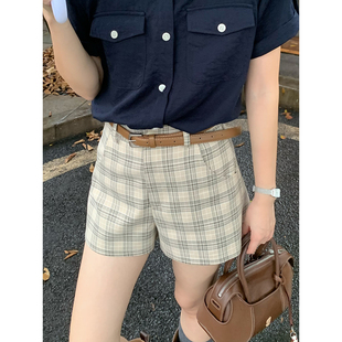 带皮带 韩系高智感含羊毛卡其色格纹百搭短裤 Even一雯 老钱周记