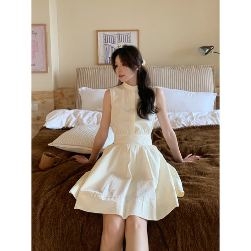 Even一雯【芝士淡奶】韩系高智感纯棉蝴蝶结系带气质立领背心裙