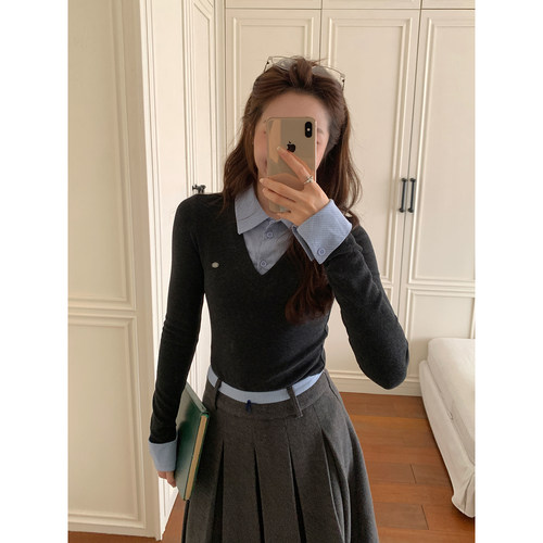 Even一雯【韩女早课】韩系高智秋冬学院风减龄感精致假两件针织衫