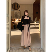 Even一雯 连衣裙 千金感撞色拼接收腰长袖 干枯玫瑰 韩系高智法式