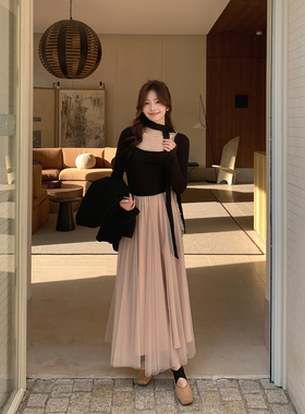 Even一雯【干枯玫瑰】韩系高智法式千金感撞色拼接收腰长袖连衣裙