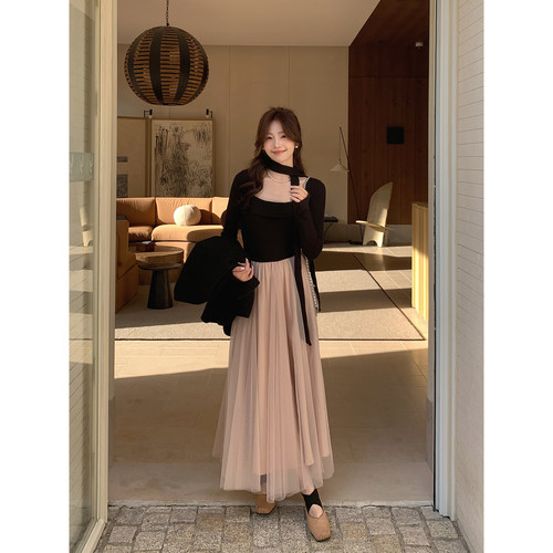 Even一雯【干枯玫瑰】韩系高智法式千金感撞色拼接收腰长袖连衣裙