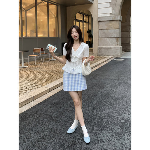 Even一雯【海盐泡泡】韩系高智感蓝白格纹绣花高腰显比例半身短裙