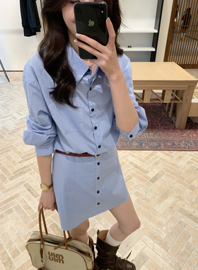 Even一雯【东京时区】韩系高智感灰蓝色格纹翻领长袖衬衫裙带皮带